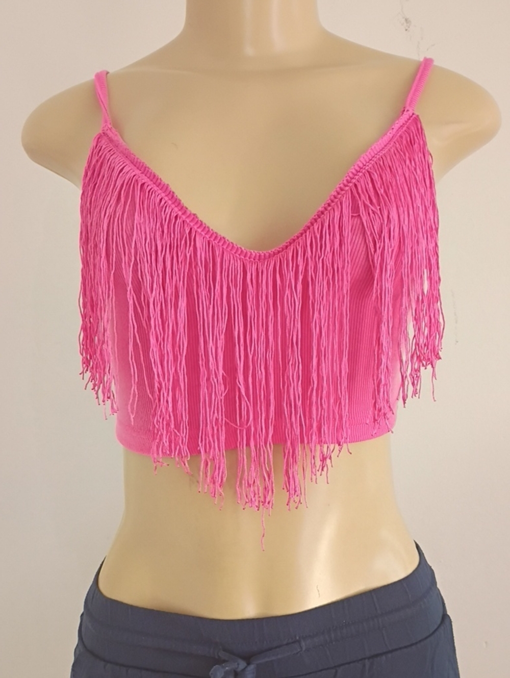 SHEIN Neon Pink Fringe Spaghetti Strap Crop Camisole